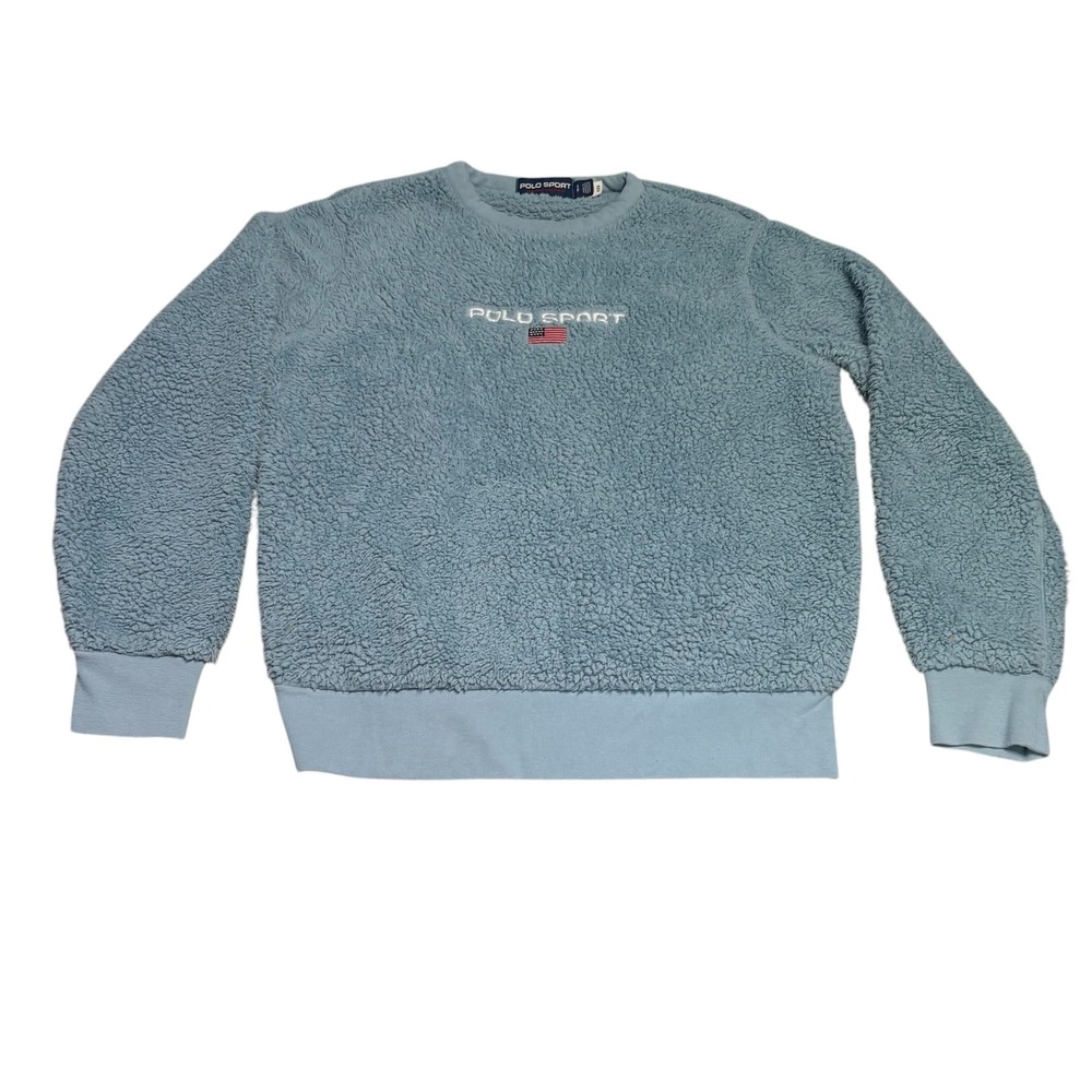 Polo Sport Fleece Pullover Logo Flag Sweatshirt Womens Size Small Blue Cozy